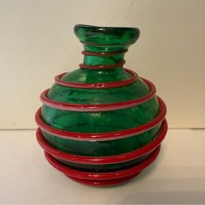 MURANO GLASS VASE HAND BLOWN GREEN RED COIL DESIGN VINTAGE MCM HOME DECOR 3”